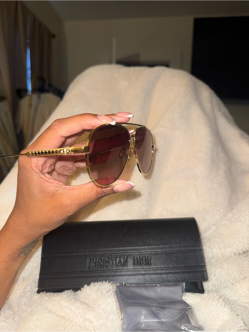 Dior Gold Frame Sunglasses with Burgundy Lenses and Studded Temples